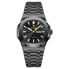 POEDAGAR 853 square quartz watch with black dial and black bracelet, Day and Date display front view