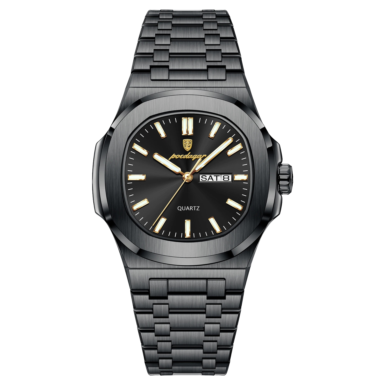 POEDAGAR 853 square quartz watch with black dial and black bracelet, Day and Date display front view