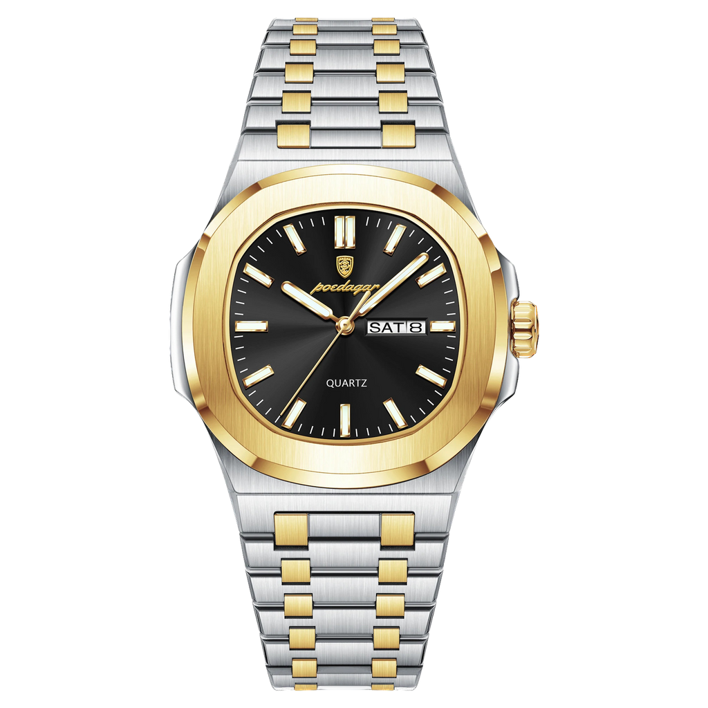 POEDAGAR 853 square quartz watch with black dial and two-tone gold silver bracelet, front view