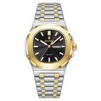 POEDAGAR 853 square quartz watch with black dial and two-tone gold silver bracelet, front view