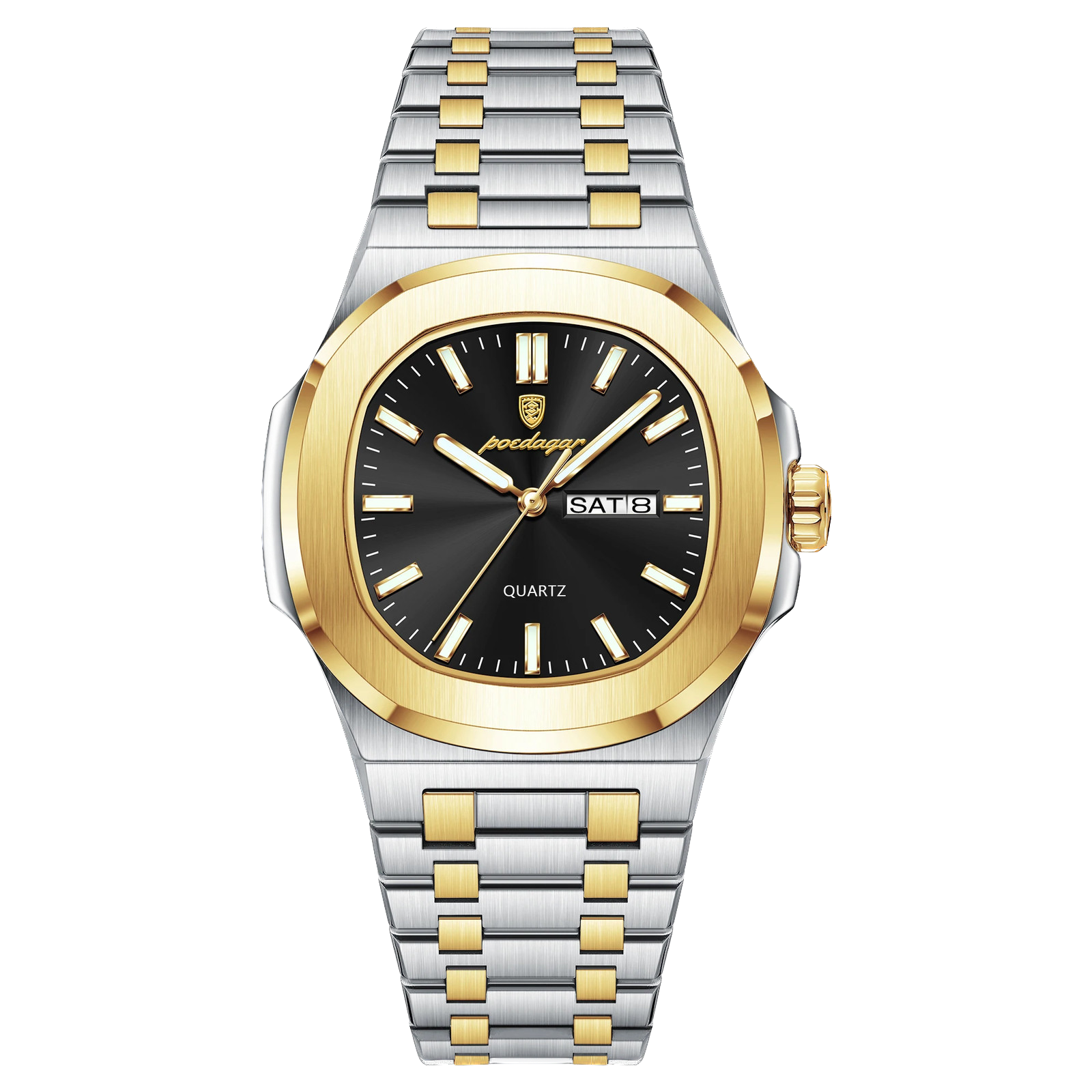 POEDAGAR 853 square quartz watch with black dial and two-tone gold silver bracelet, front view