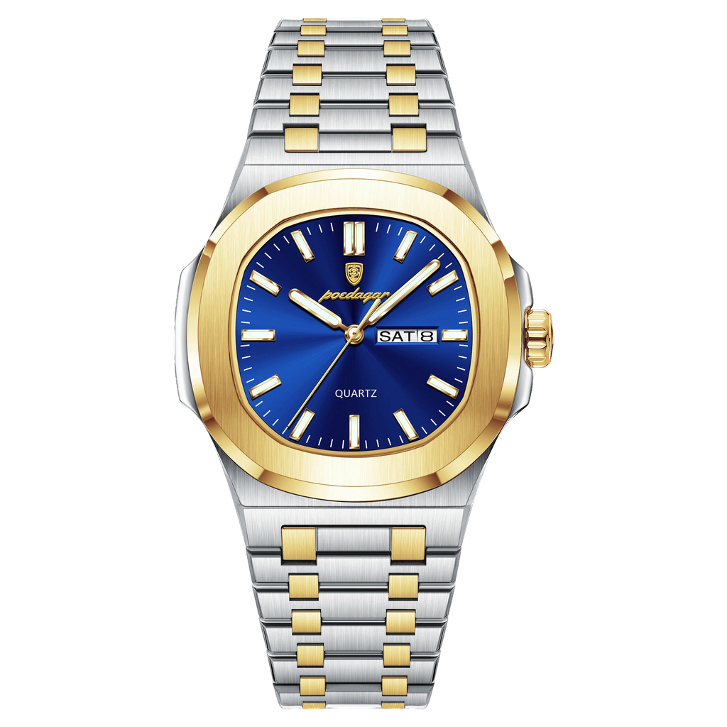 POEDAGAR 853 square quartz watch with blue dial and two-tone gold silver bracelet, front view