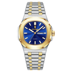 POEDAGAR 853 square quartz watch with blue dial and two-tone gold silver bracelet, front view