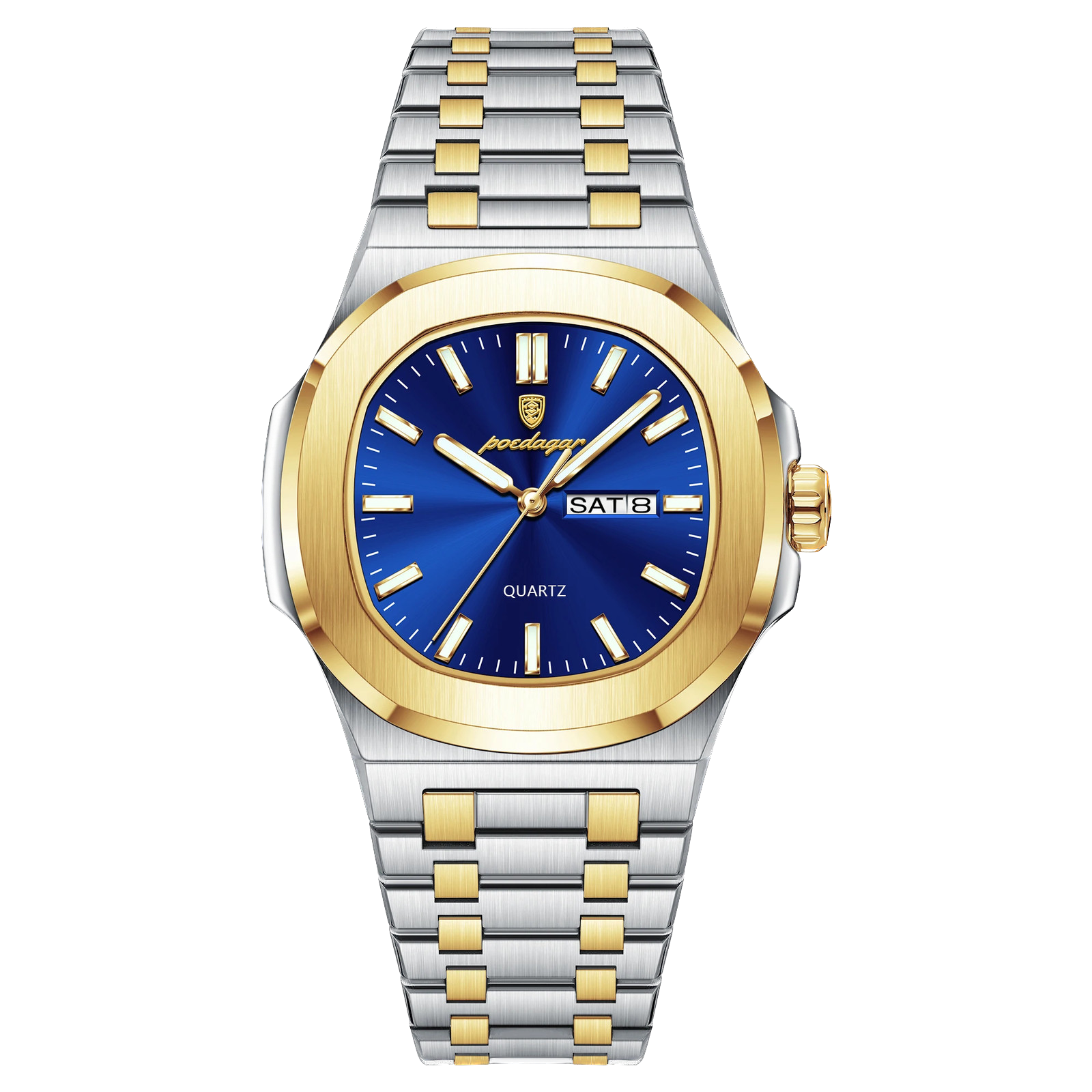 POEDAGAR 853 square quartz watch with blue dial and two-tone gold silver bracelet, front view
