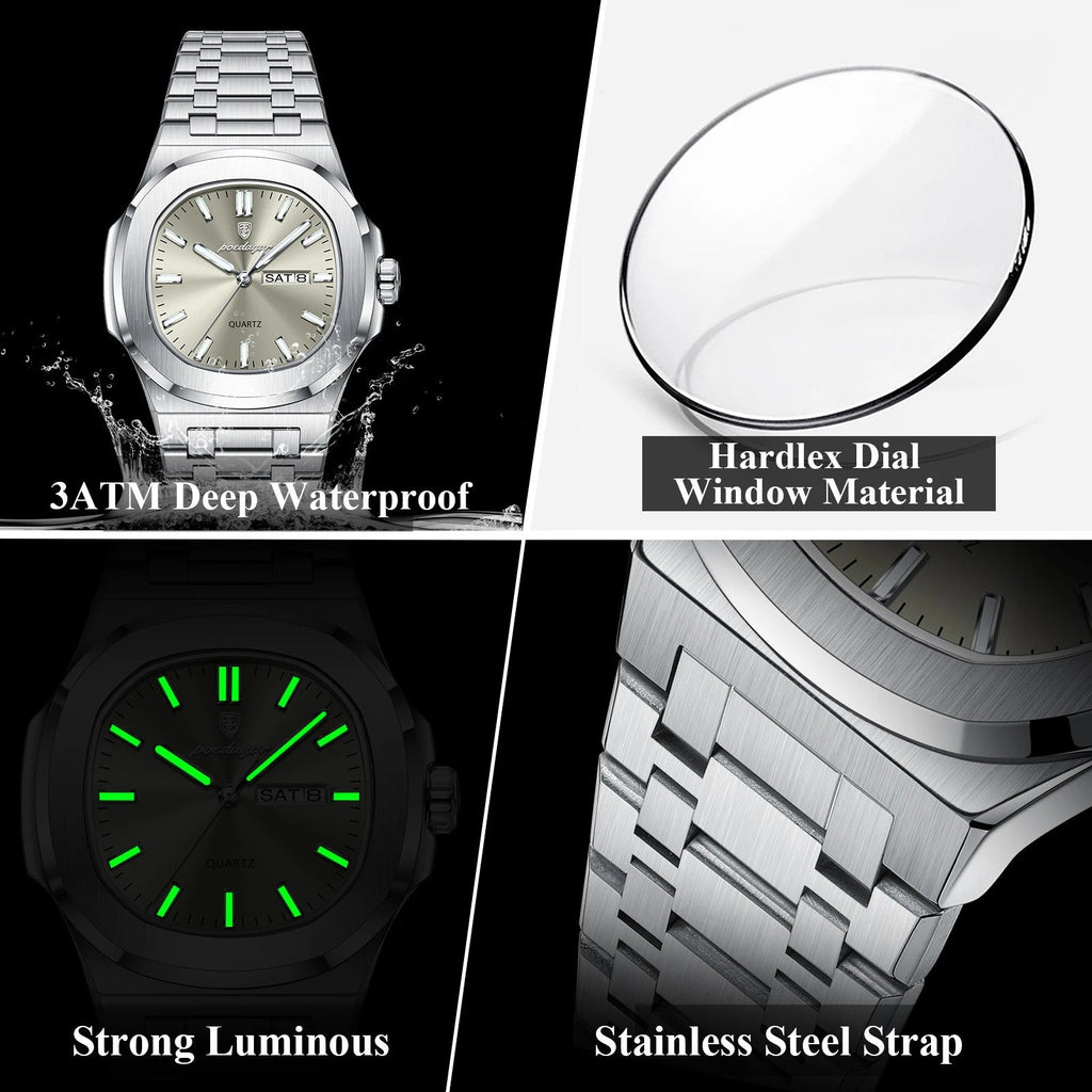 POEDAGAR 853 square quartz watch features graphic showing waterproof, hardlex glass, luminous and bracelet