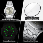 POEDAGAR 853 square quartz watch features graphic showing waterproof, hardlex glass, luminous and bracelet