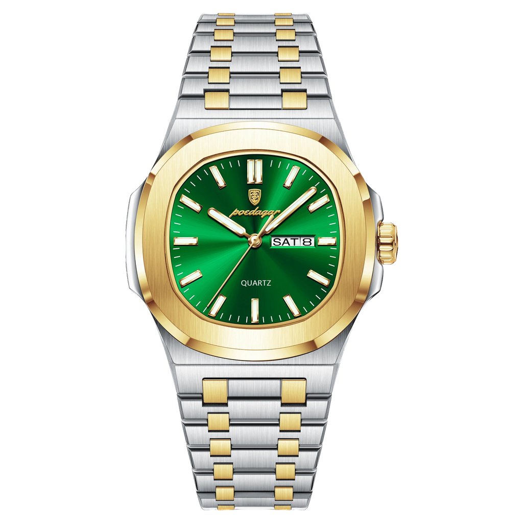 POEDAGAR 853 square quartz watch with green dial and two-tone gold silver bracelet, front view