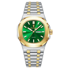 POEDAGAR 853 square quartz watch with green dial and two-tone gold silver bracelet, front view