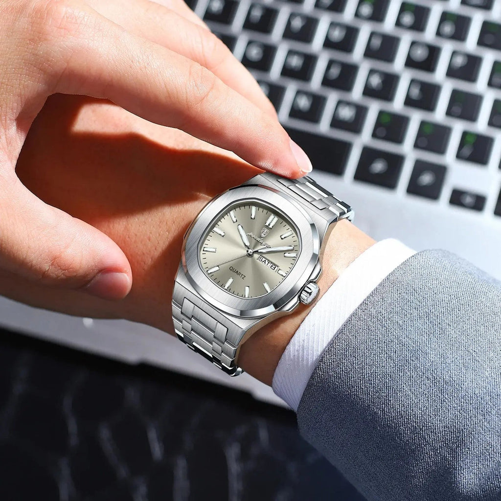 POEDAGAR 853 men's square quartz watch with grey dial on wrist over laptop keyboard