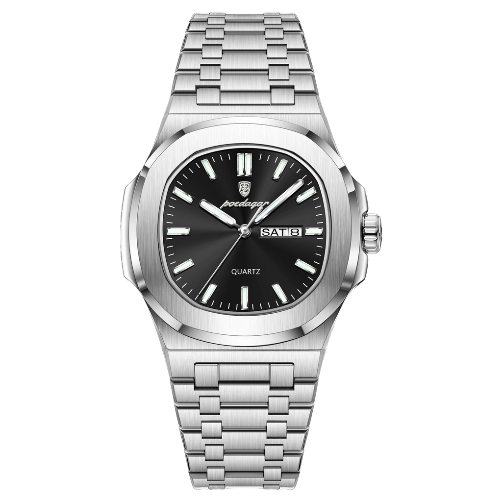 POEDAGAR 853 square quartz watch with black dial and silver bracelet, front view