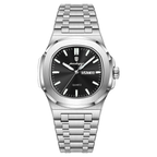 POEDAGAR 853 square quartz watch with black dial and silver bracelet, front view