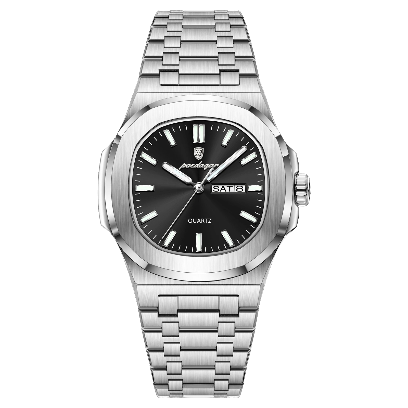 POEDAGAR 853 square quartz watch with black dial and silver bracelet, front view