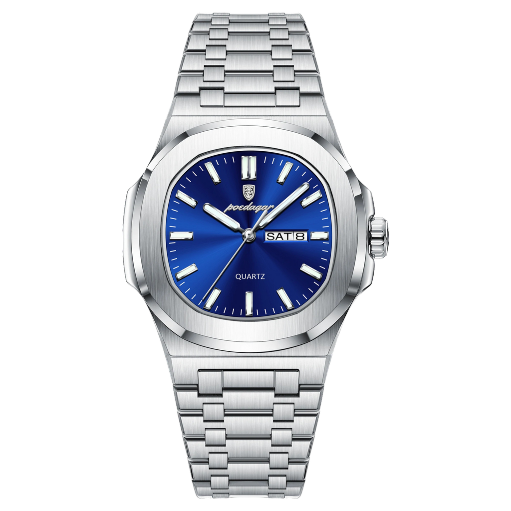 POEDAGAR 853 square quartz watch with blue dial and silver bracelet, front view