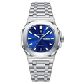 POEDAGAR 853 square quartz watch with blue dial and silver bracelet, front view