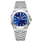 POEDAGAR 853 square quartz watch with blue dial and silver bracelet, front view