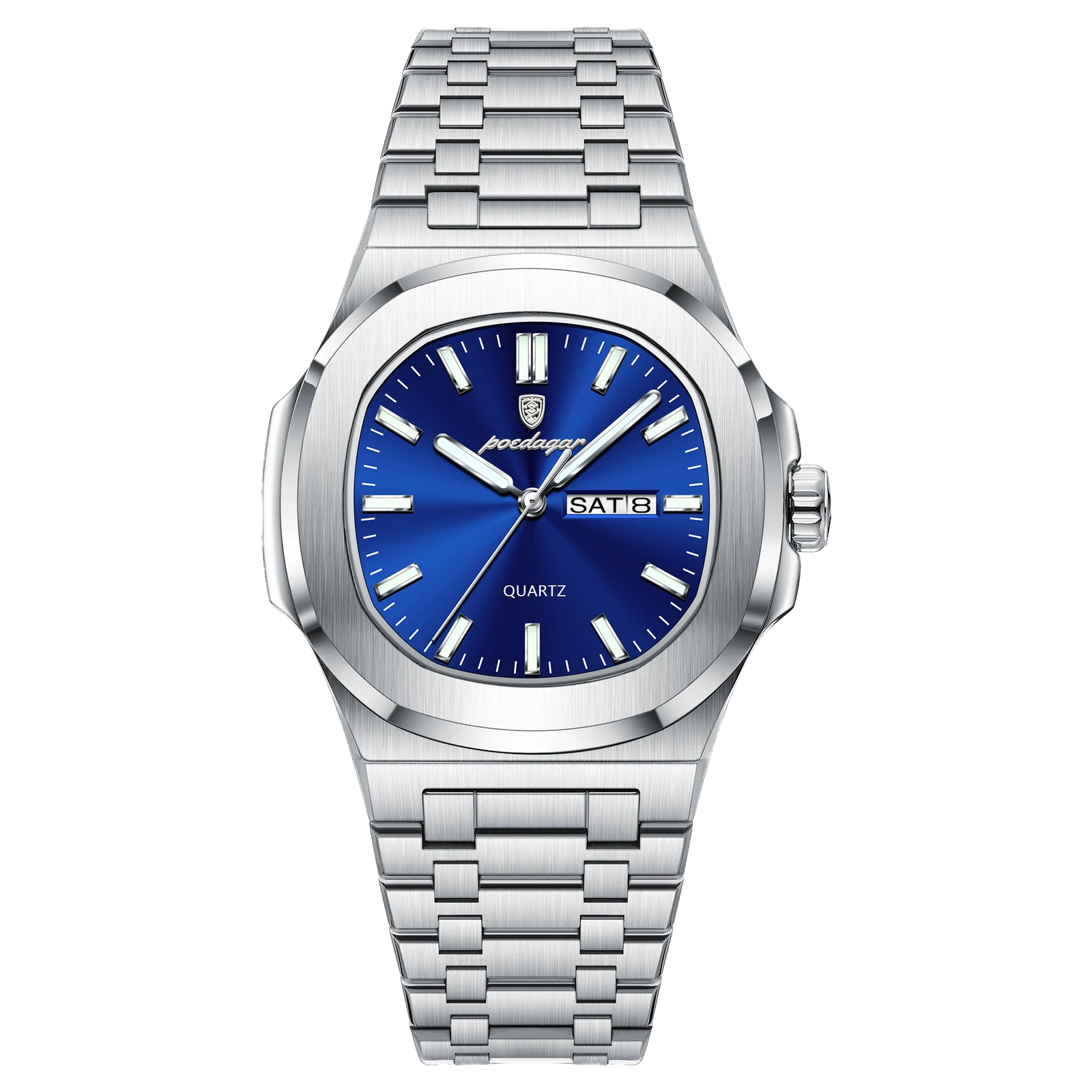 POEDAGAR 853 square quartz watch with blue dial and silver bracelet, front view