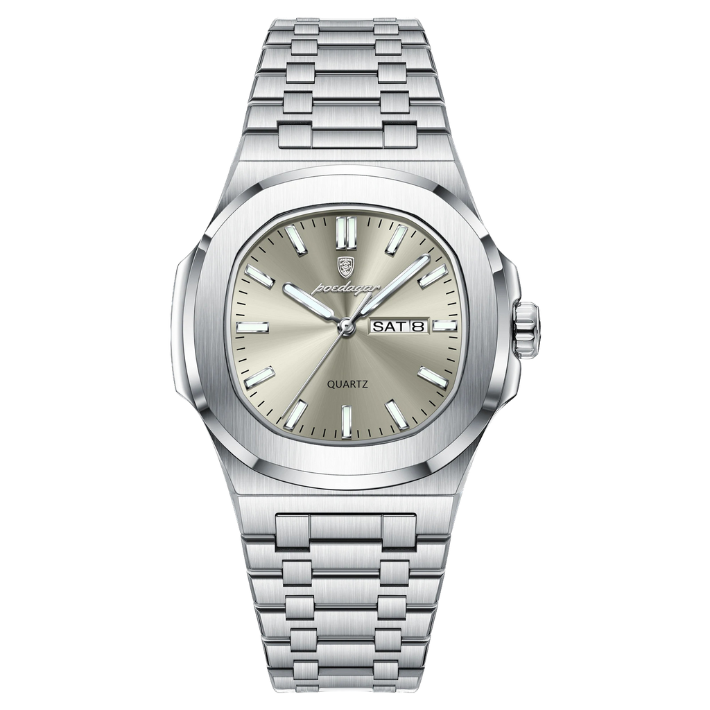 POEDAGAR 853 square quartz watch with champagne grey dial and silver bracelet, front view
