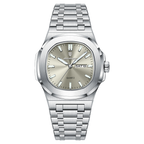 POEDAGAR 853 square quartz watch with champagne grey dial and silver bracelet, front view