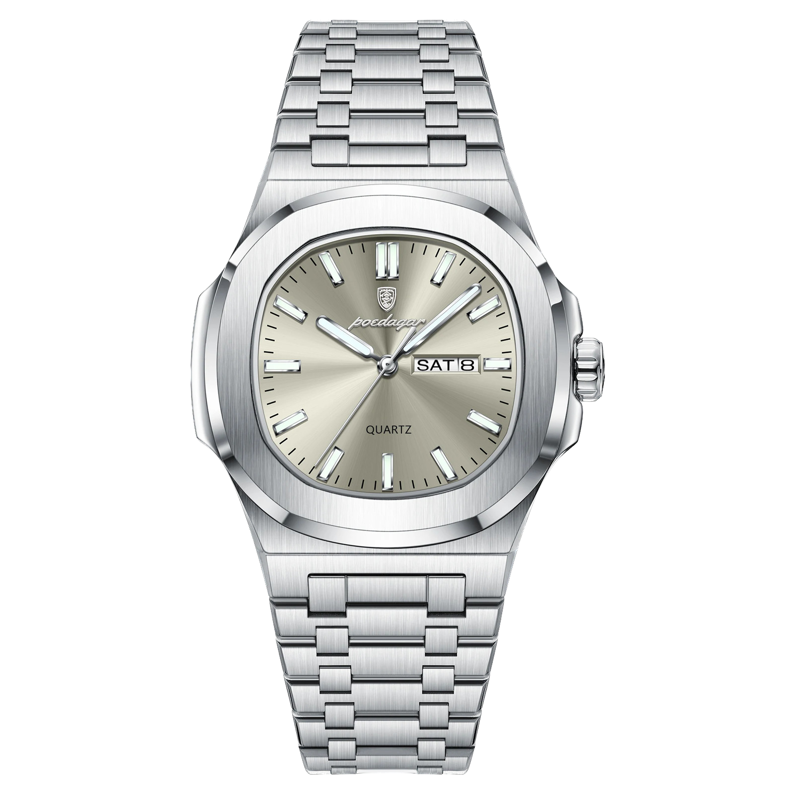 POEDAGAR 853 square quartz watch with champagne grey dial and silver bracelet, front view