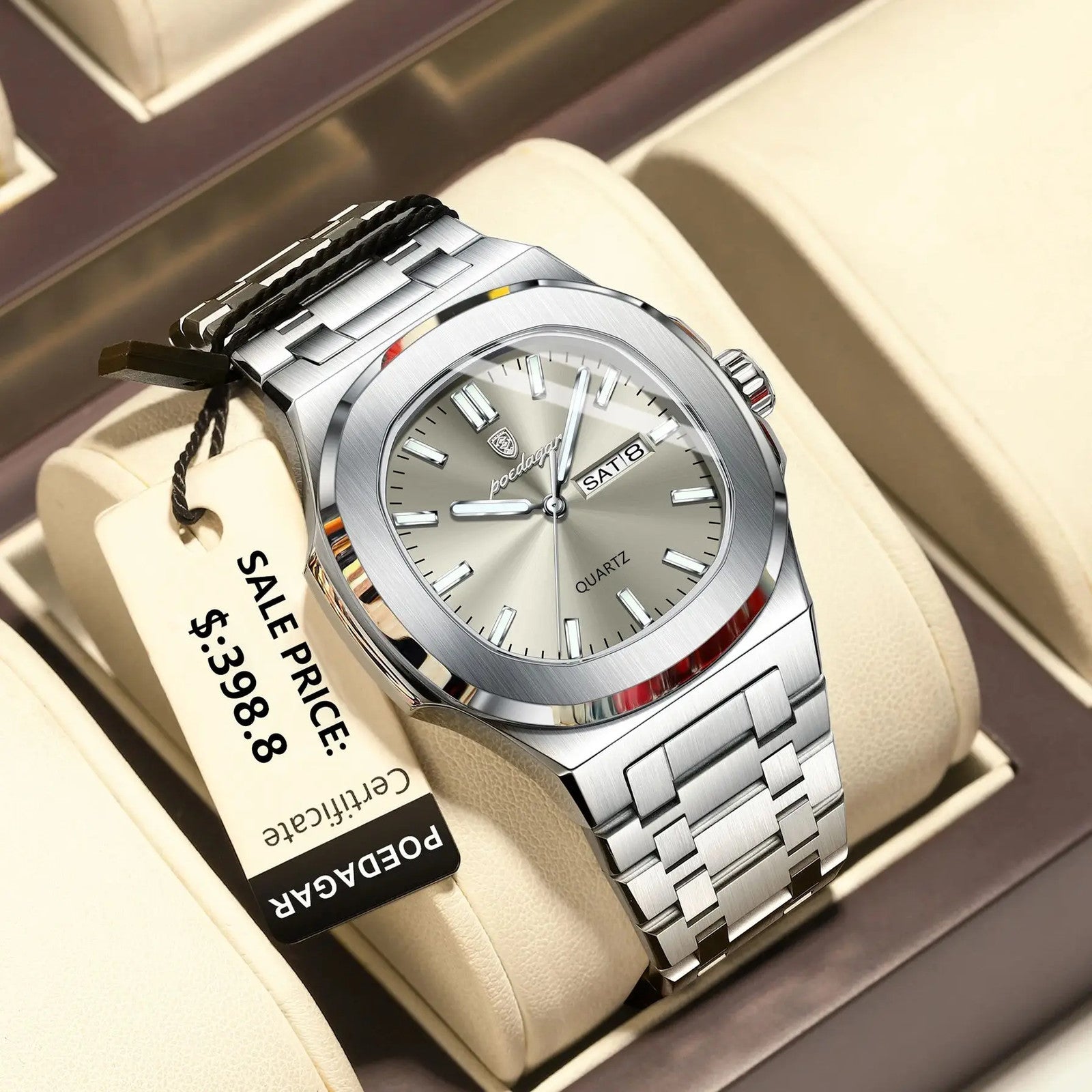 POEDAGAR 853 mens square quartz watch with silver dial and steel bracelet on display cushion with hangtag