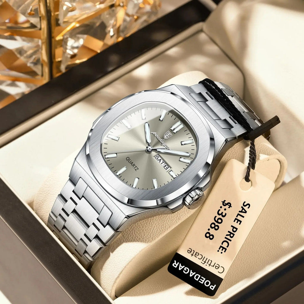 POEDAGAR 853 men's square quartz watch with grey dial and stainless steel bracelet, front view