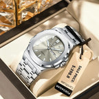 POEDAGAR 853 men's square quartz watch with grey dial and stainless steel bracelet, front view