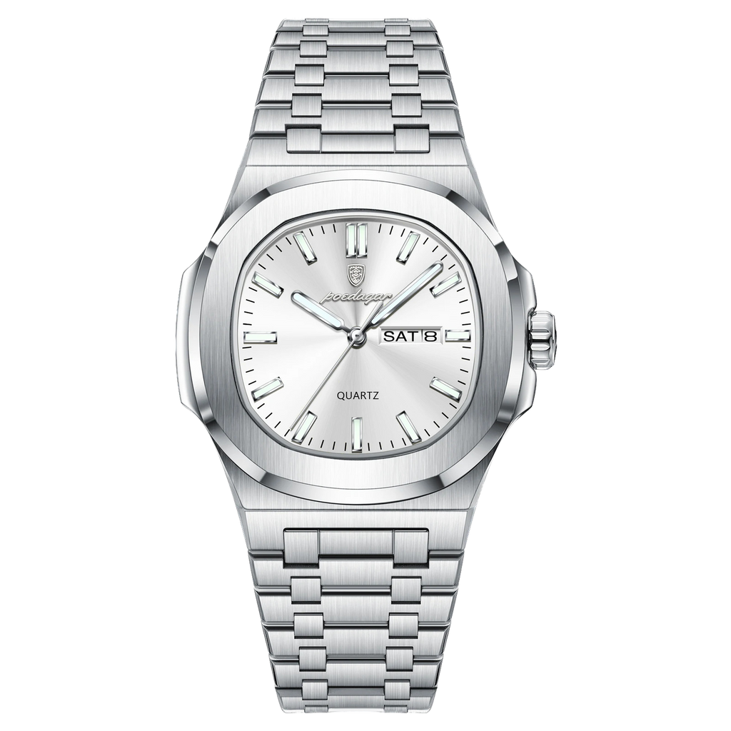 POEDAGAR 853 square quartz watch with white dial and silver bracelet, front view