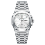 POEDAGAR 853 square quartz watch with white dial and silver bracelet, front view