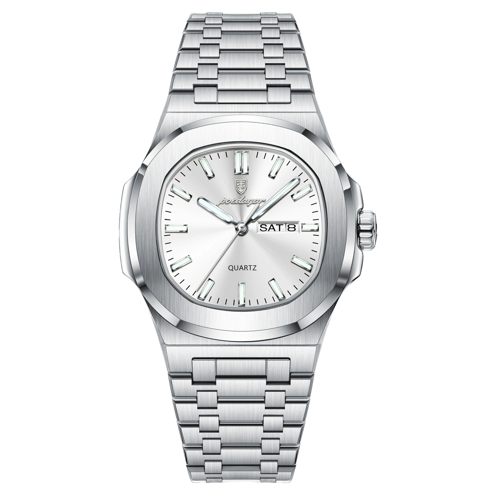 POEDAGAR 853 square quartz watch with white dial and silver bracelet, front view