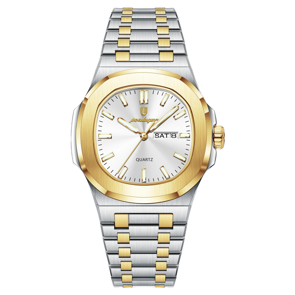 POEDAGAR 853 square quartz watch with white dial and two-tone gold silver bracelet, front view