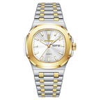 POEDAGAR 853 square quartz watch with white dial and two-tone gold silver bracelet, front view
