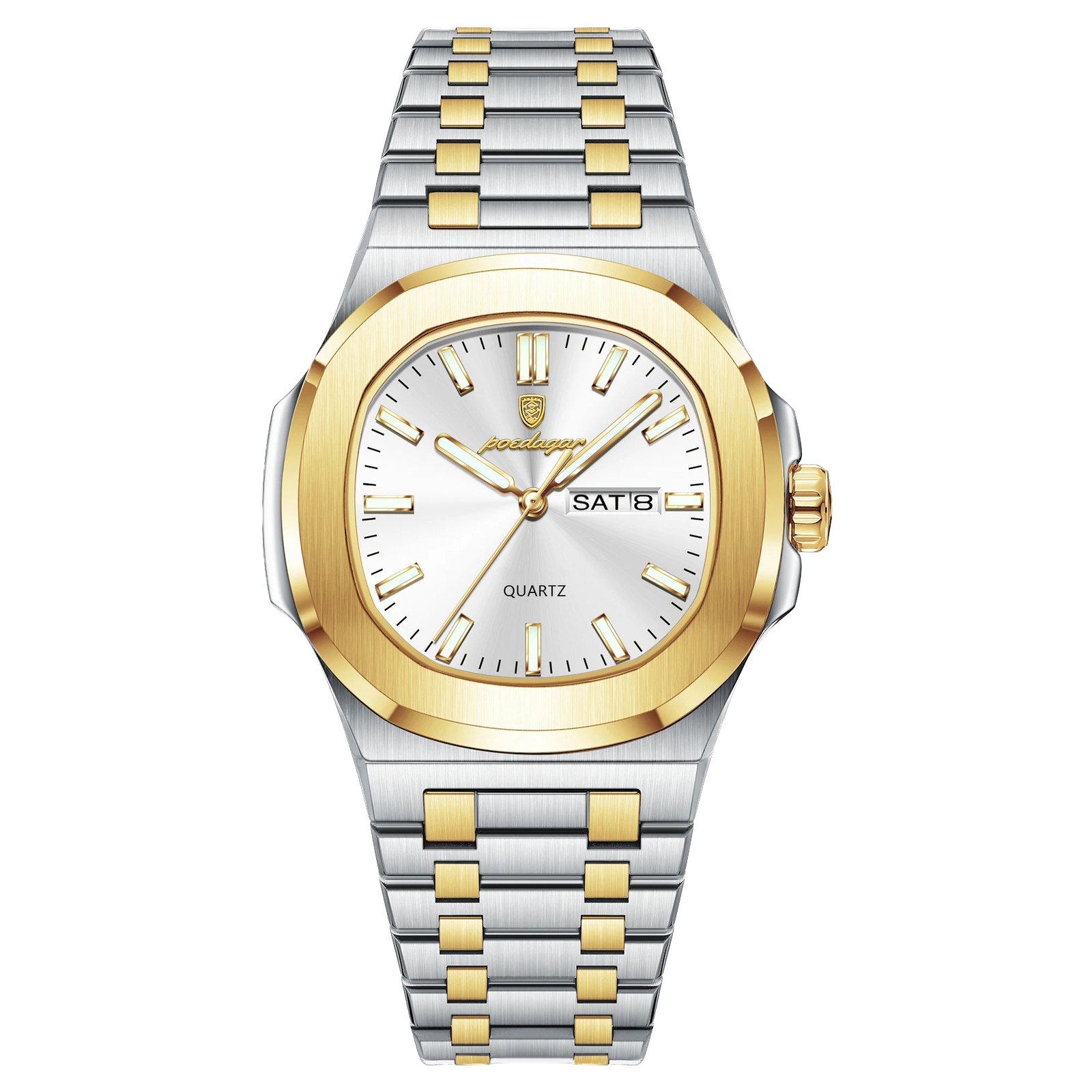 POEDAGAR 853 square quartz watch with white dial and two-tone gold silver bracelet, front view