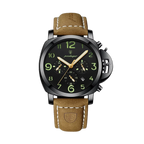 POEDAGAR 859 quartz chronograph watch with black dial, black case and tan leather strap, front view