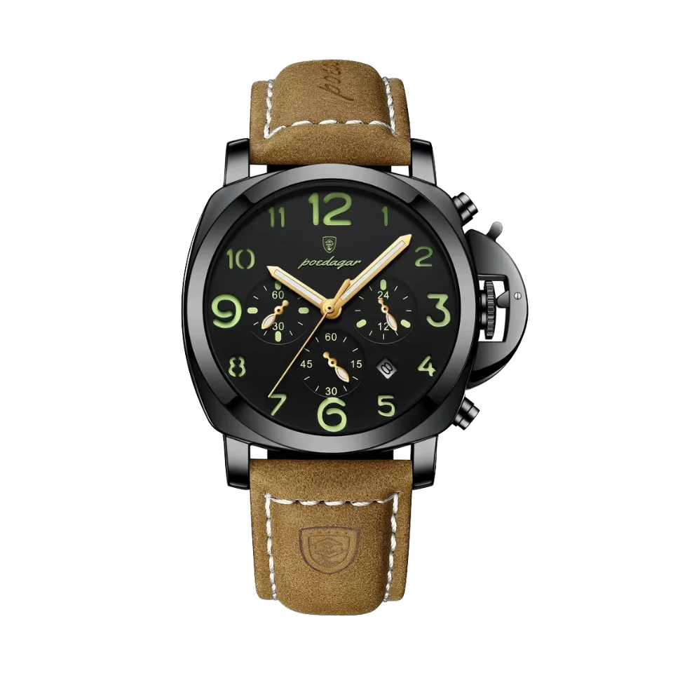 POEDAGAR 859 quartz chronograph watch with black dial, black case and tan leather strap, front view