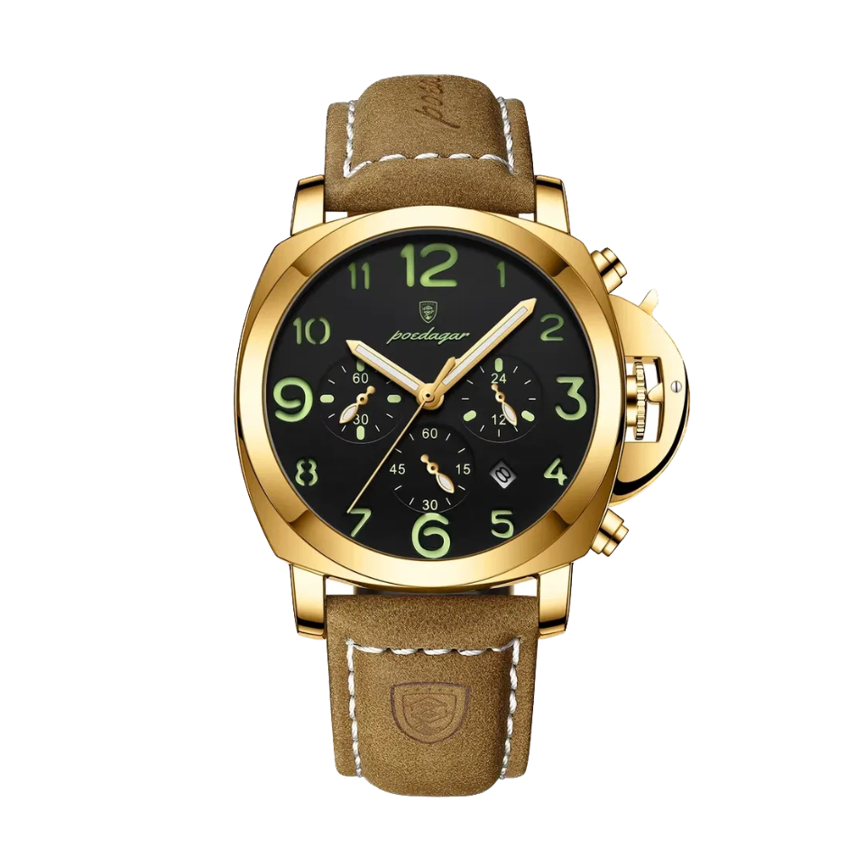 POEDAGAR 859 quartz chronograph watch with black dial, gold case and tan leather strap, front view