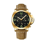 POEDAGAR 859 quartz chronograph watch with black dial, gold case and tan leather strap, front view