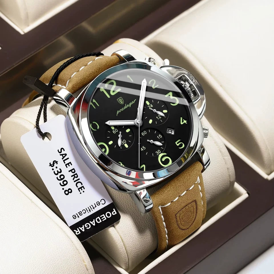 POEDAGAR 859 quartz chronograph watch with black dial and tan leather strap on display pillow