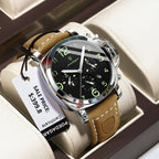 POEDAGAR 859 quartz chronograph watch with black dial and tan leather strap on display pillow