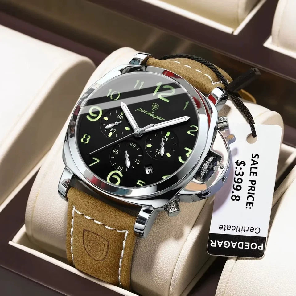 POEDAGAR 859 quartz chronograph watch with black dial and tan leather strap on display pillow with price tag