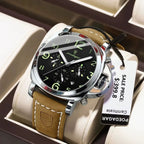 POEDAGAR 859 quartz chronograph watch with black dial and tan leather strap on display pillow with price tag