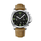 POEDAGAR 859 quartz chronograph watch with black dial, silver case and tan leather strap, front view