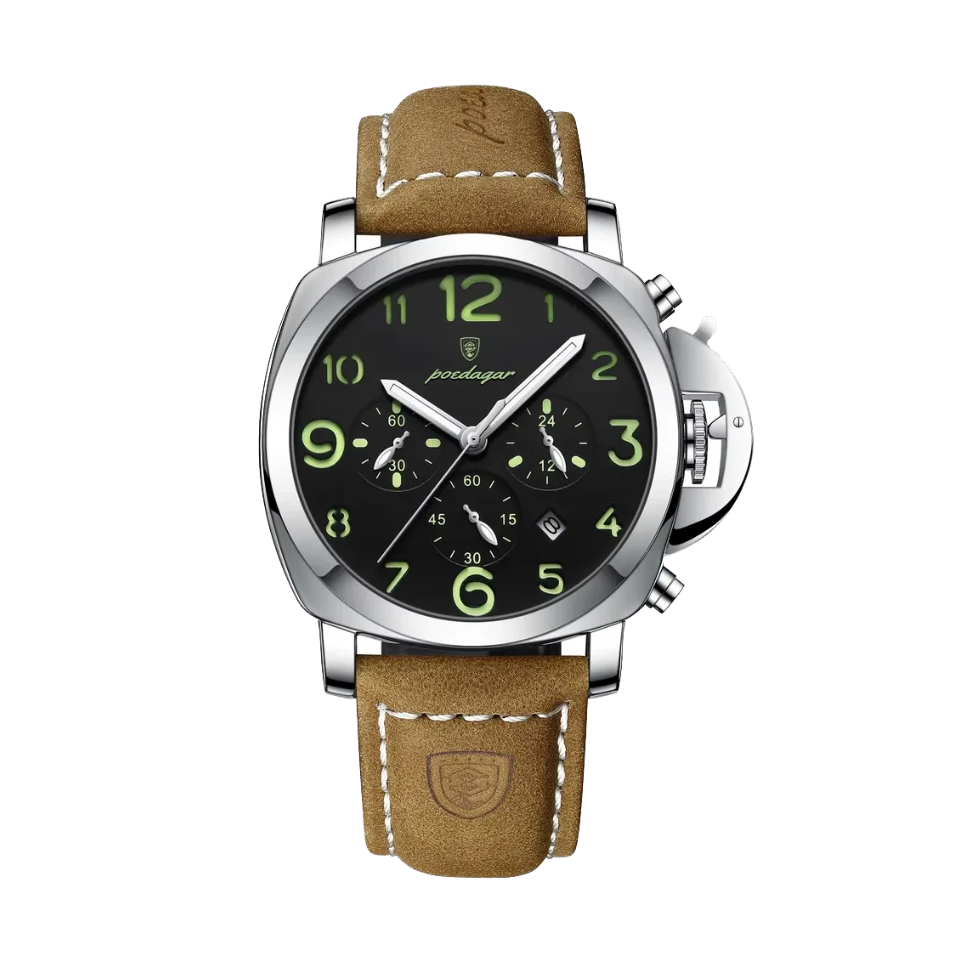 POEDAGAR 859 quartz chronograph watch with black dial, silver case and tan leather strap, front view