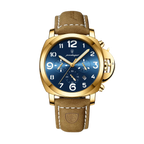 POEDAGAR 859 quartz chronograph watch with blue dial, gold case and tan leather strap, front view