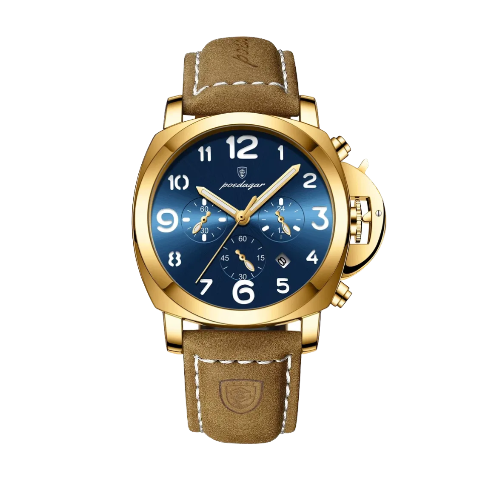 POEDAGAR 859 quartz chronograph watch with blue dial, gold case and tan leather strap, front view