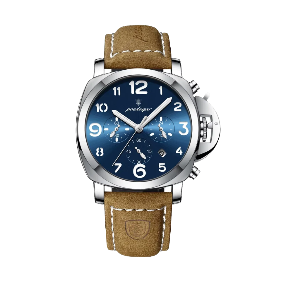 POEDAGAR 859 quartz chronograph watch with blue dial, silver case and tan leather strap, front view