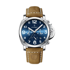 POEDAGAR 859 quartz chronograph watch with blue dial, silver case and tan leather strap, front view