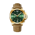 POEDAGAR 859 quartz chronograph watch with green dial, gold case and tan leather strap, front view