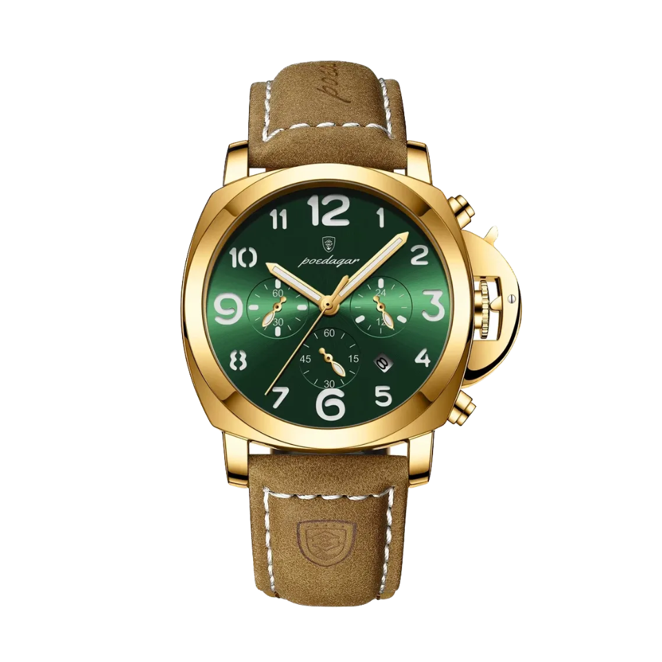 POEDAGAR 859 quartz chronograph watch with green dial, gold case and tan leather strap, front view