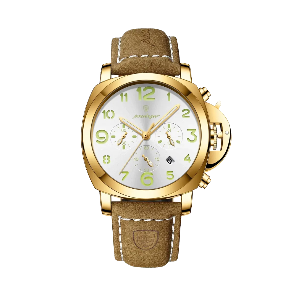 POEDAGAR 859 quartz chronograph watch with white dial, gold case and tan leather strap, front view