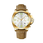 POEDAGAR 859 quartz chronograph watch with white dial, gold case and tan leather strap, front view